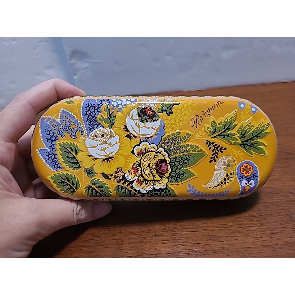 Brighton Paisley Glasses Sunglasses Case Metal Tin Blue Yellow Flower 6"